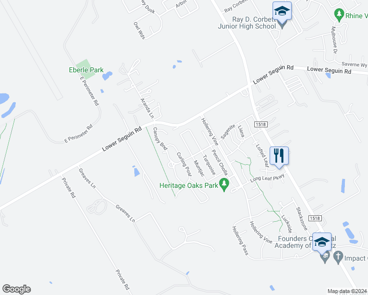 map of restaurants, bars, coffee shops, grocery stores, and more near 3028 Muntjac in Schertz