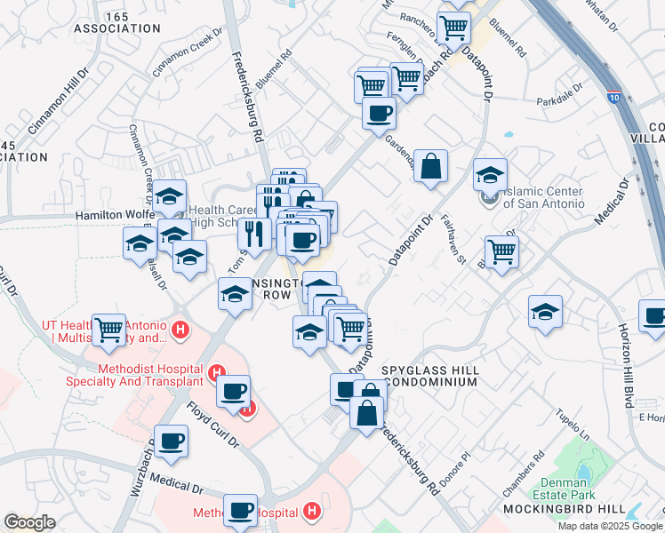 map of restaurants, bars, coffee shops, grocery stores, and more near 8585 Marriott Drive in San Antonio