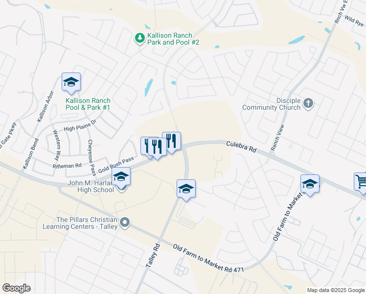 map of restaurants, bars, coffee shops, grocery stores, and more near 8398 Talley Road in San Antonio