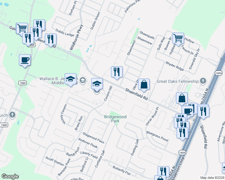 map of restaurants, bars, coffee shops, grocery stores, and more near 10839 Larson Cavern in San Antonio