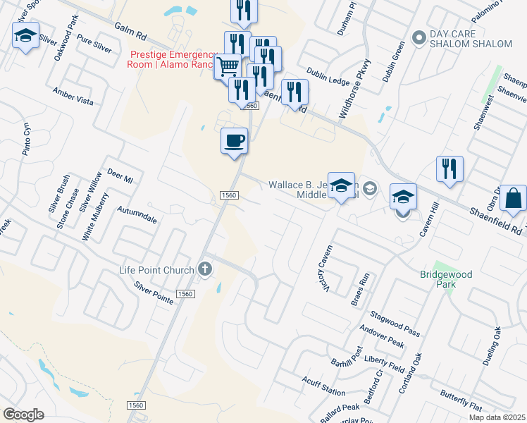 map of restaurants, bars, coffee shops, grocery stores, and more near 8510 Steubing Oaks in San Antonio