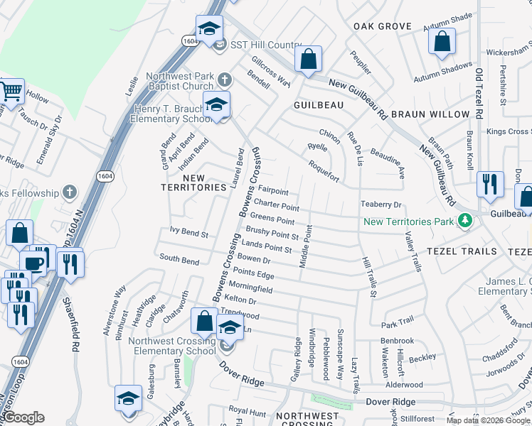 map of restaurants, bars, coffee shops, grocery stores, and more near 9454 Greens Point in San Antonio