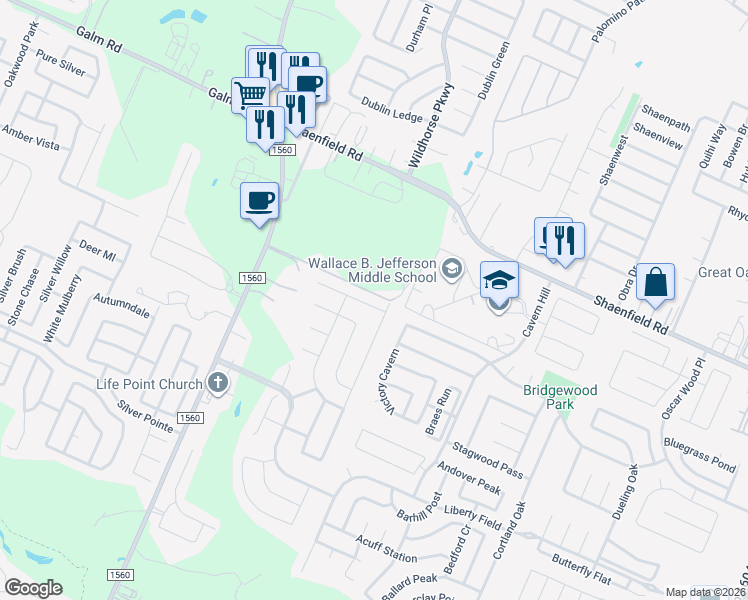 map of restaurants, bars, coffee shops, grocery stores, and more near 11203 October Stead in San Antonio
