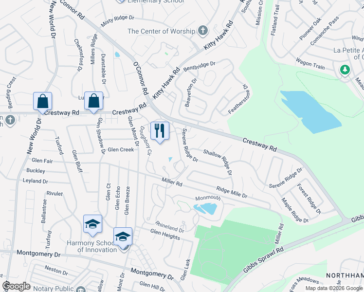 map of restaurants, bars, coffee shops, grocery stores, and more near 8762 Serene Ridge Drive in San Antonio