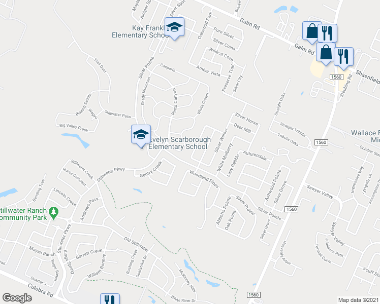 map of restaurants, bars, coffee shops, grocery stores, and more near 8415 Silver Brush in San Antonio