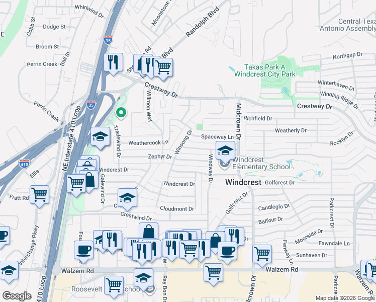 map of restaurants, bars, coffee shops, grocery stores, and more near 406 Zephyr Drive in San Antonio