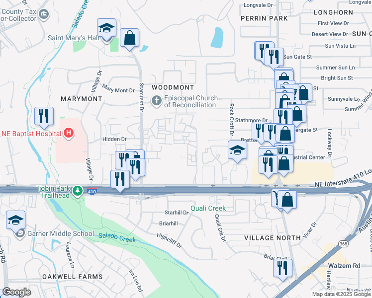 map of restaurants, bars, coffee shops, grocery stores, and more near 2391 Northeast Interstate 410 Loop in San Antonio