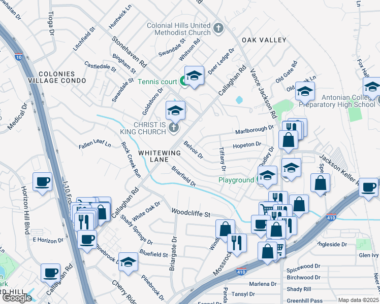 map of restaurants, bars, coffee shops, grocery stores, and more near 2919 Gainesborough Drive in San Antonio