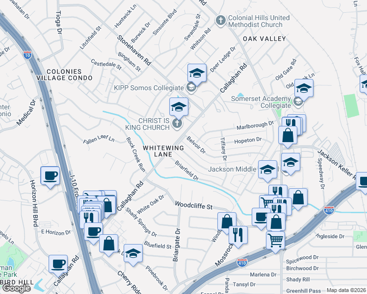 map of restaurants, bars, coffee shops, grocery stores, and more near 3014 Gainesborough Drive in San Antonio
