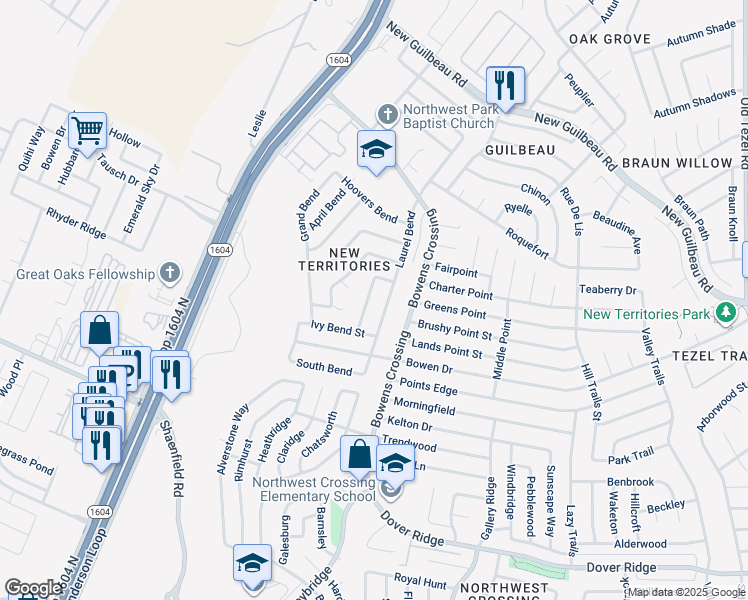 map of restaurants, bars, coffee shops, grocery stores, and more near 8012 Orchard Bend Street in San Antonio