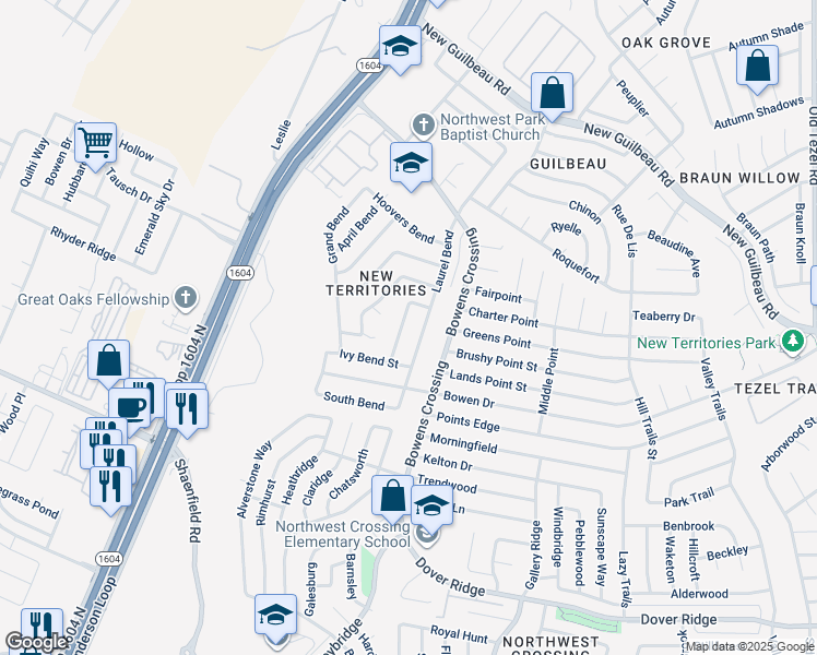 map of restaurants, bars, coffee shops, grocery stores, and more near 8012 Orchard Bend Street in San Antonio
