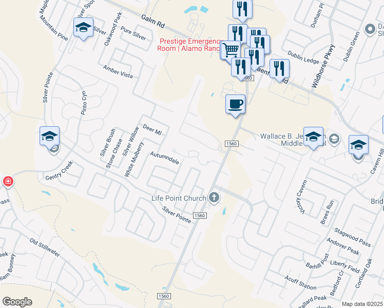 map of restaurants, bars, coffee shops, grocery stores, and more near 8401 Farm to Market Road 1560 in San Antonio