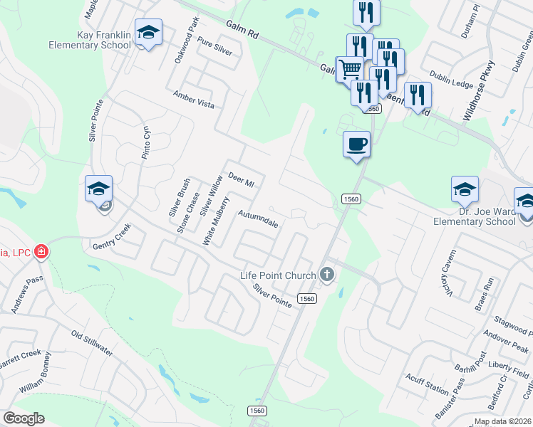 map of restaurants, bars, coffee shops, grocery stores, and more near 11706 Autumndale in San Antonio