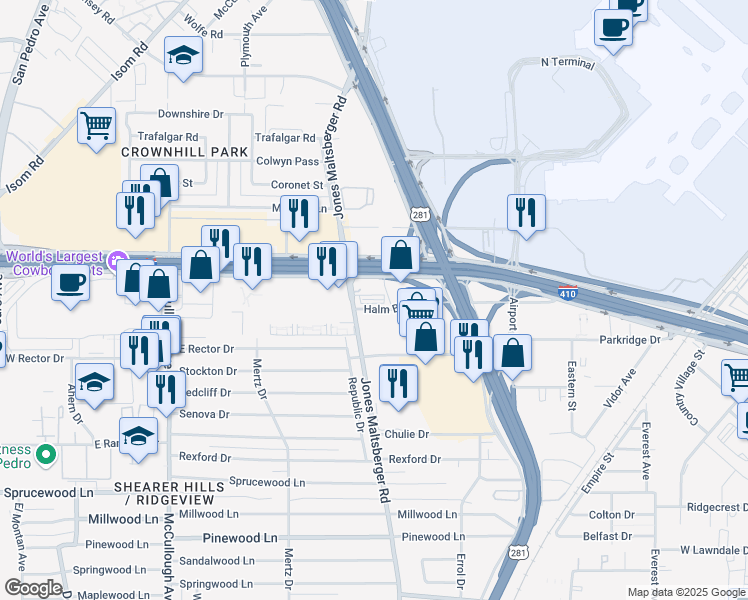 map of restaurants, bars, coffee shops, grocery stores, and more near 100 Northeast Interstate 410 Loop in San Antonio