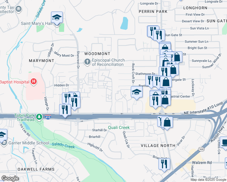 map of restaurants, bars, coffee shops, grocery stores, and more near 2461 Northeast Interstate 410 Loop in San Antonio
