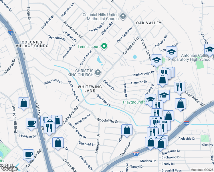 map of restaurants, bars, coffee shops, grocery stores, and more near 2919 Gainesborough Drive in San Antonio