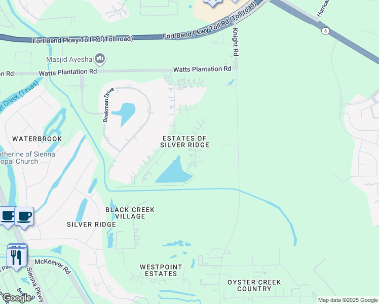 map of restaurants, bars, coffee shops, grocery stores, and more near 4518 Pine Landing Drive in Missouri City