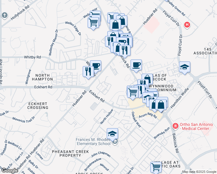map of restaurants, bars, coffee shops, grocery stores, and more near 8638 Huebner Road in San Antonio