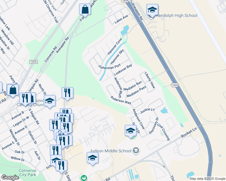 map of restaurants, bars, coffee shops, grocery stores, and more near 9503 Anderson Way in Converse