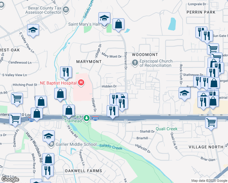 map of restaurants, bars, coffee shops, grocery stores, and more near 3678 Hidden Drive in San Antonio