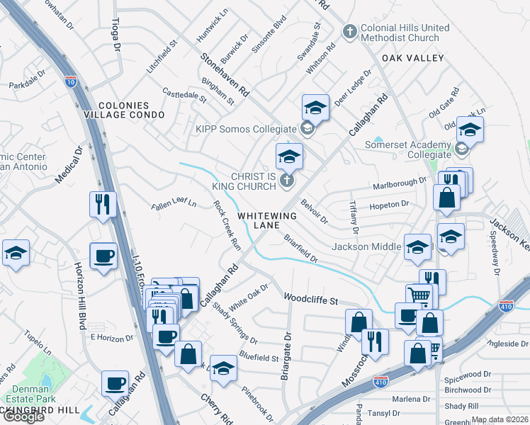 map of restaurants, bars, coffee shops, grocery stores, and more near 3111 Whitewing Lane in San Antonio