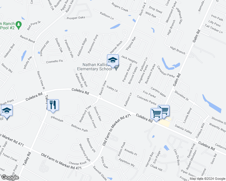 map of restaurants, bars, coffee shops, grocery stores, and more near 13624 Valley Lake in San Antonio