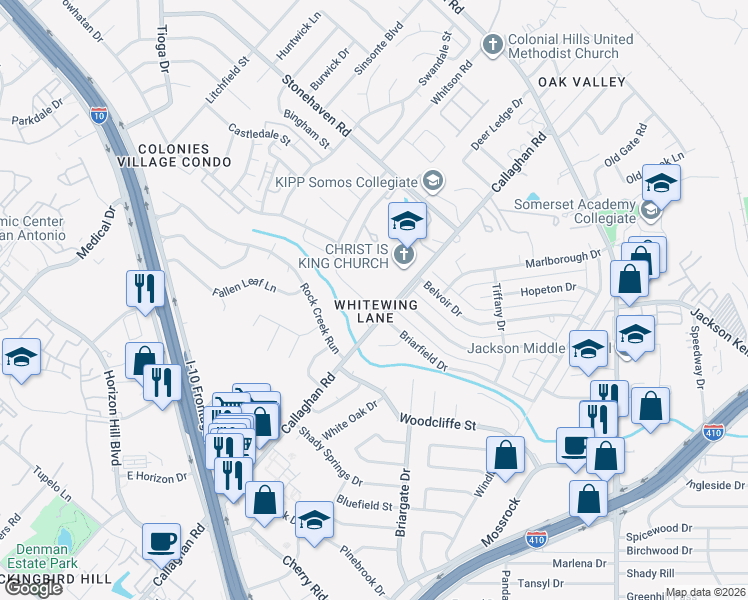 map of restaurants, bars, coffee shops, grocery stores, and more near 3111 Whitewing Lane in San Antonio