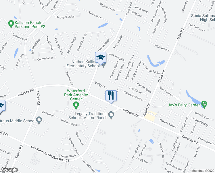 map of restaurants, bars, coffee shops, grocery stores, and more near 13624 Valley Lake in San Antonio