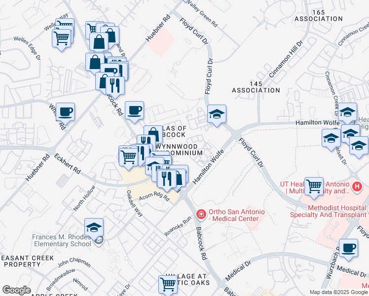 map of restaurants, bars, coffee shops, grocery stores, and more near 72 Chapel Hill Circle in San Antonio