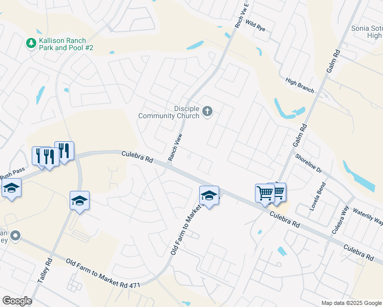 map of restaurants, bars, coffee shops, grocery stores, and more near 13624 Valley Lake in San Antonio