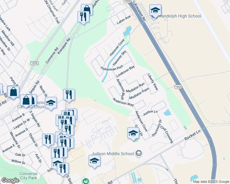map of restaurants, bars, coffee shops, grocery stores, and more near 9503 Anderson Way in Converse