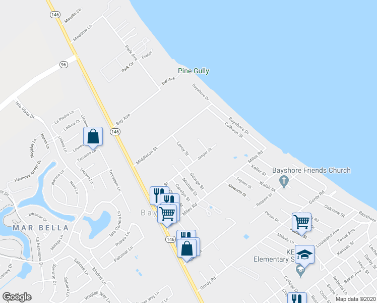 map of restaurants, bars, coffee shops, grocery stores, and more near 2921 Leroy Street in Bacliff