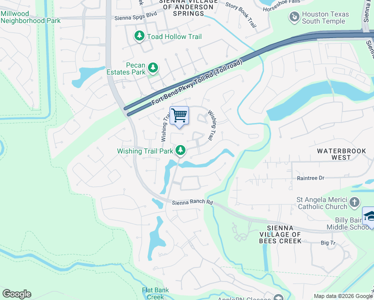 map of restaurants, bars, coffee shops, grocery stores, and more near Wishing Trail in Missouri City