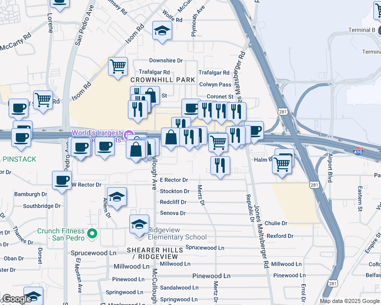 map of restaurants, bars, coffee shops, grocery stores, and more near 70 Northeast Interstate 410 Loop in San Antonio