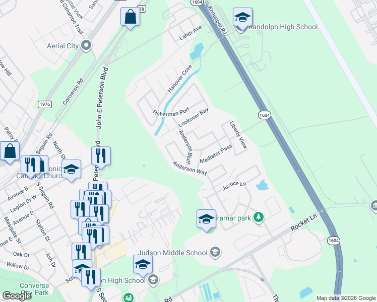 map of restaurants, bars, coffee shops, grocery stores, and more near 9407 Anderson Court in Converse