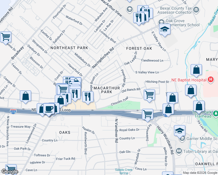 map of restaurants, bars, coffee shops, grocery stores, and more near 2806 Old Moss Road in San Antonio