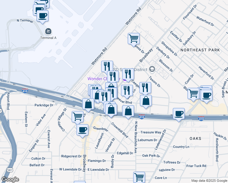 map of restaurants, bars, coffee shops, grocery stores, and more near in San Antonio