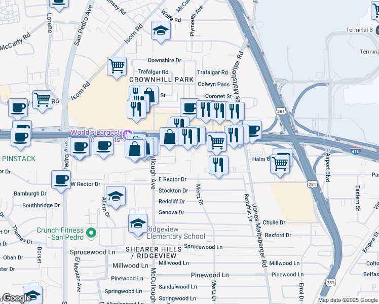 map of restaurants, bars, coffee shops, grocery stores, and more near 76 Northeast Interstate 410 Loop in San Antonio
