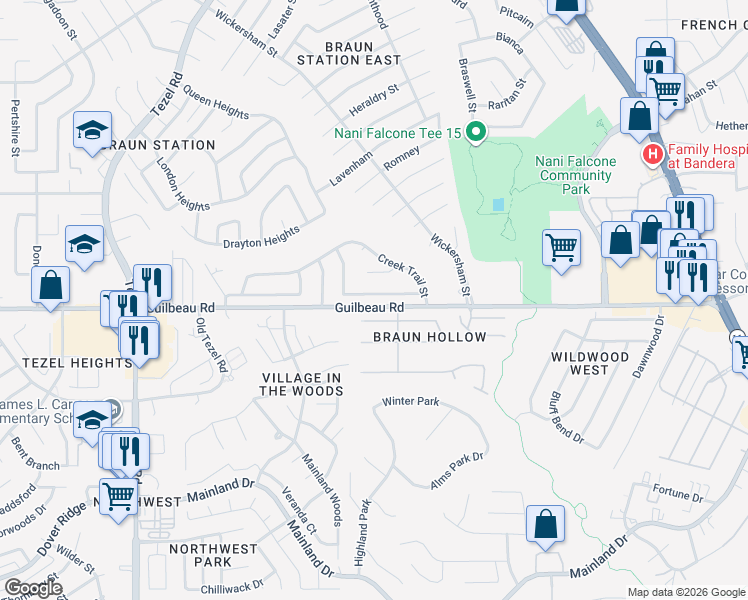 map of restaurants, bars, coffee shops, grocery stores, and more near 7718 Crooked Brook Street in San Antonio