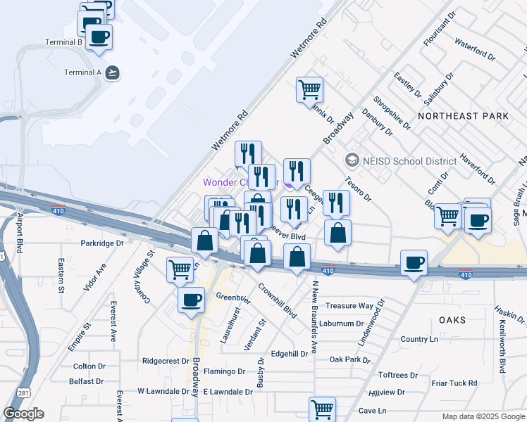 map of restaurants, bars, coffee shops, grocery stores, and more near 8615 Broadway Street in San Antonio