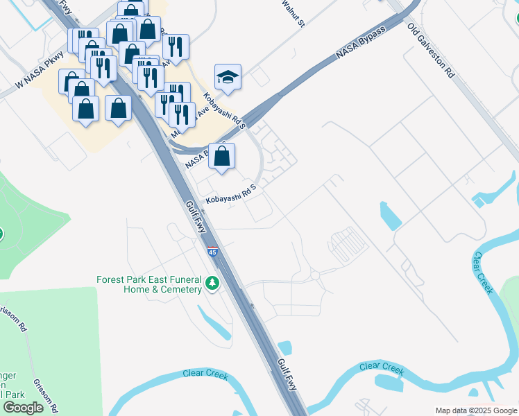 map of restaurants, bars, coffee shops, grocery stores, and more near 21351 Gulf Freeway in Webster