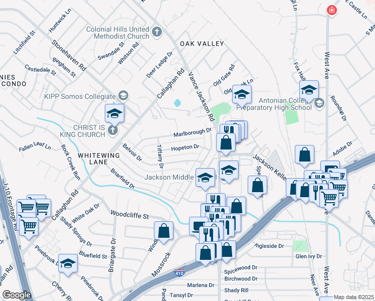 map of restaurants, bars, coffee shops, grocery stores, and more near 2703 Hopeton Drive in San Antonio