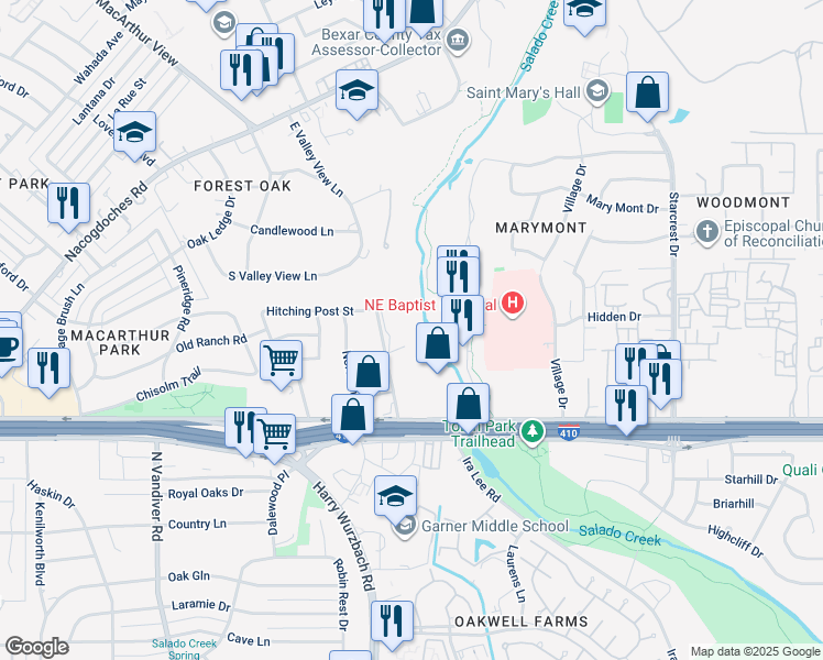map of restaurants, bars, coffee shops, grocery stores, and more near 8700 Post Oak Lane in San Antonio