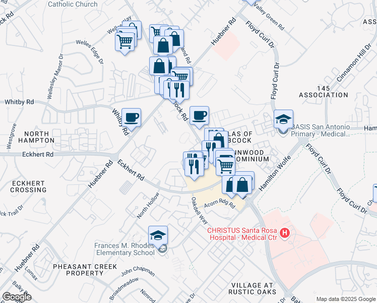 map of restaurants, bars, coffee shops, grocery stores, and more near 5600 Babcock Road in San Antonio