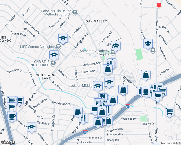 map of restaurants, bars, coffee shops, grocery stores, and more near 2703 Hopeton Drive in San Antonio