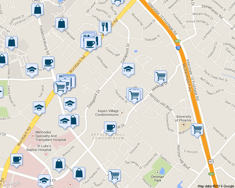 map of restaurants, bars, coffee shops, grocery stores, and more near 37 Fairhaven Street in San Antonio