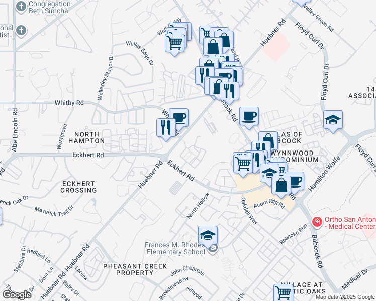 map of restaurants, bars, coffee shops, grocery stores, and more near 8648 Huebner Road in San Antonio