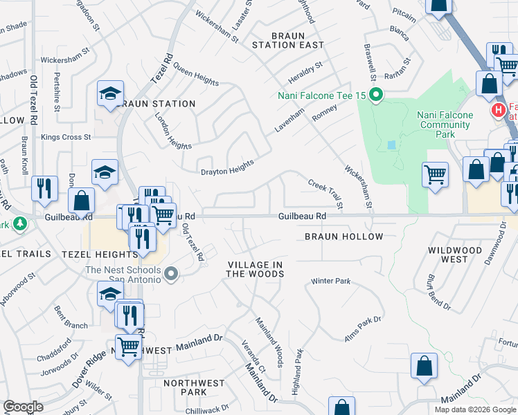 map of restaurants, bars, coffee shops, grocery stores, and more near 8414 Crooked Sky Street in San Antonio