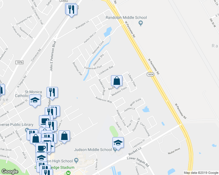 map of restaurants, bars, coffee shops, grocery stores, and more near 9515 Mediator Run in Converse