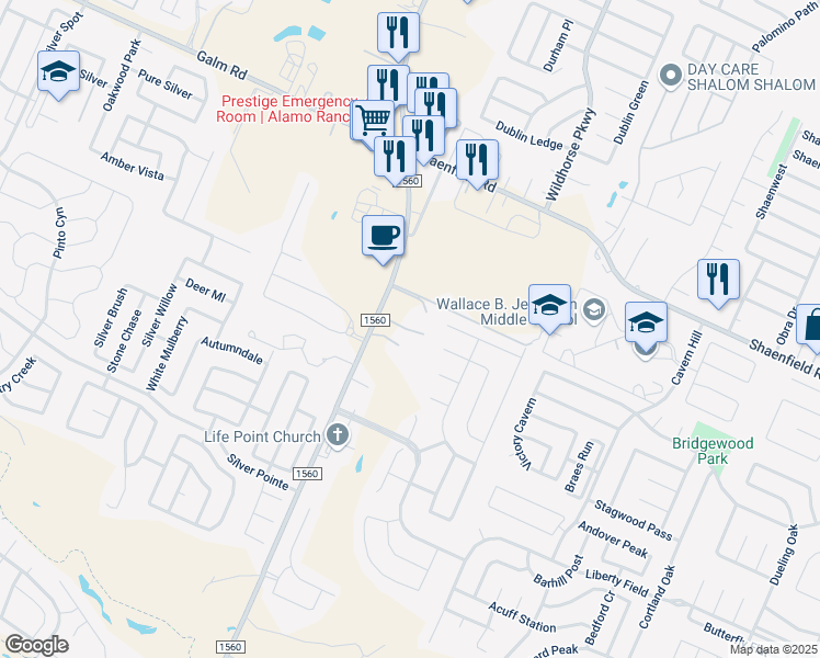 map of restaurants, bars, coffee shops, grocery stores, and more near 8510 Steubing Oaks in San Antonio